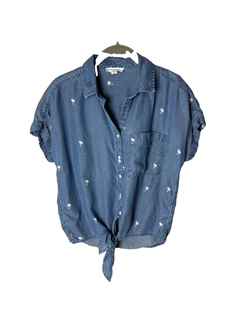 BeachLunchLounge Shirt Size XS Top Button Up Tie Waist Palm Trees Tropical Blue